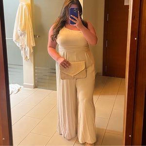 Beige One Shoulder Linen Jumpsuit